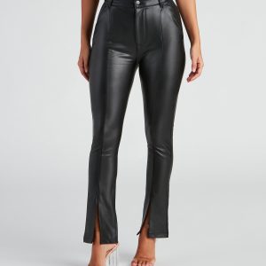 Edgy At Heart PU Front Slit Pants