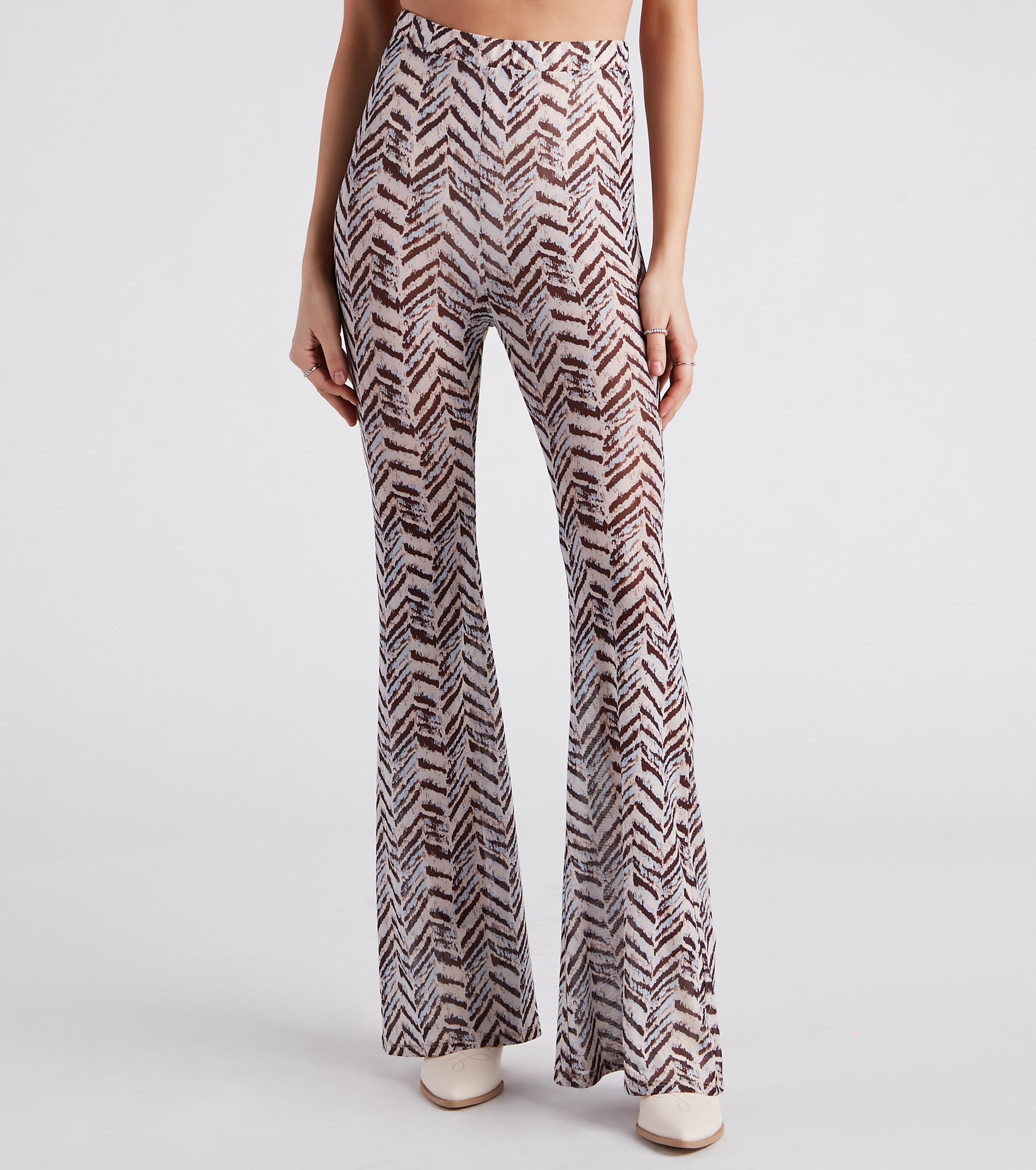 Cute In Chevron Print Mesh Flare Pants - Image 2