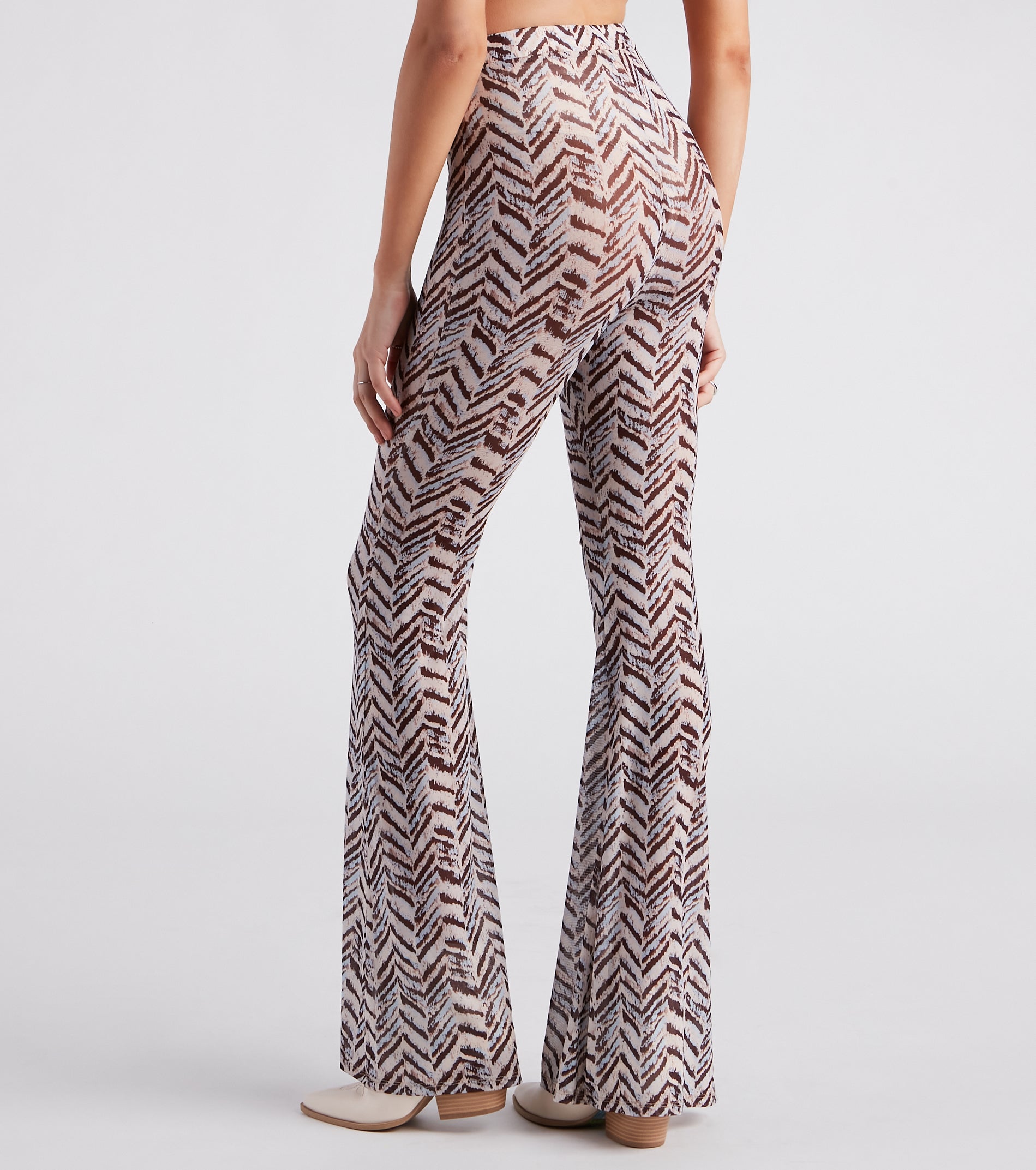 Cute In Chevron Print Mesh Flare Pants - Image 3