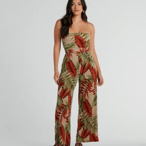 Vacay Mood Strapless Tropical Knit Jumpsuit