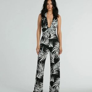 Majorly Tropical Plunge Halter Wide-Leg Jumpsuit