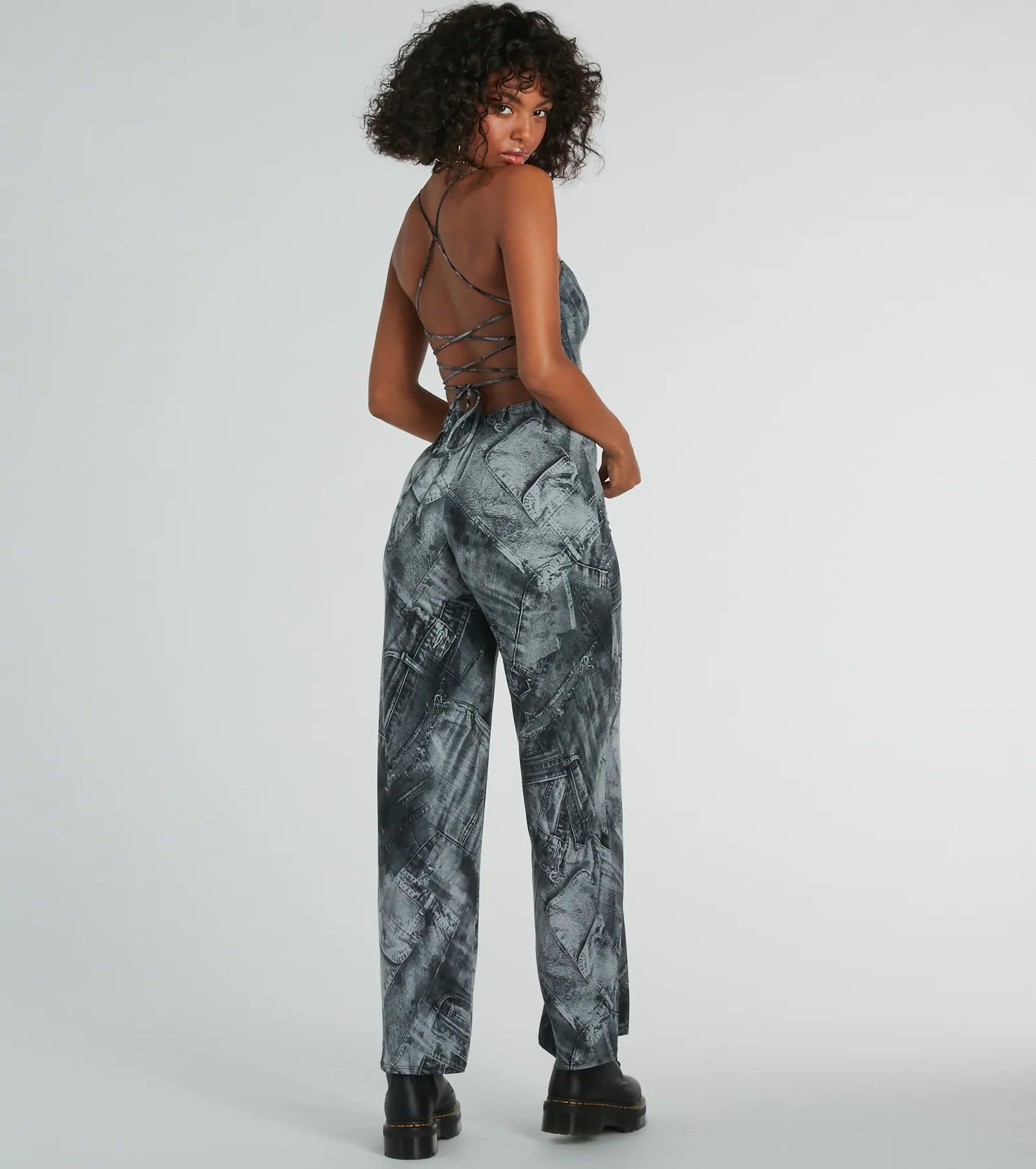 Got Em' Tripping Lace-Up Denim Print Jumpsuit - Image 2