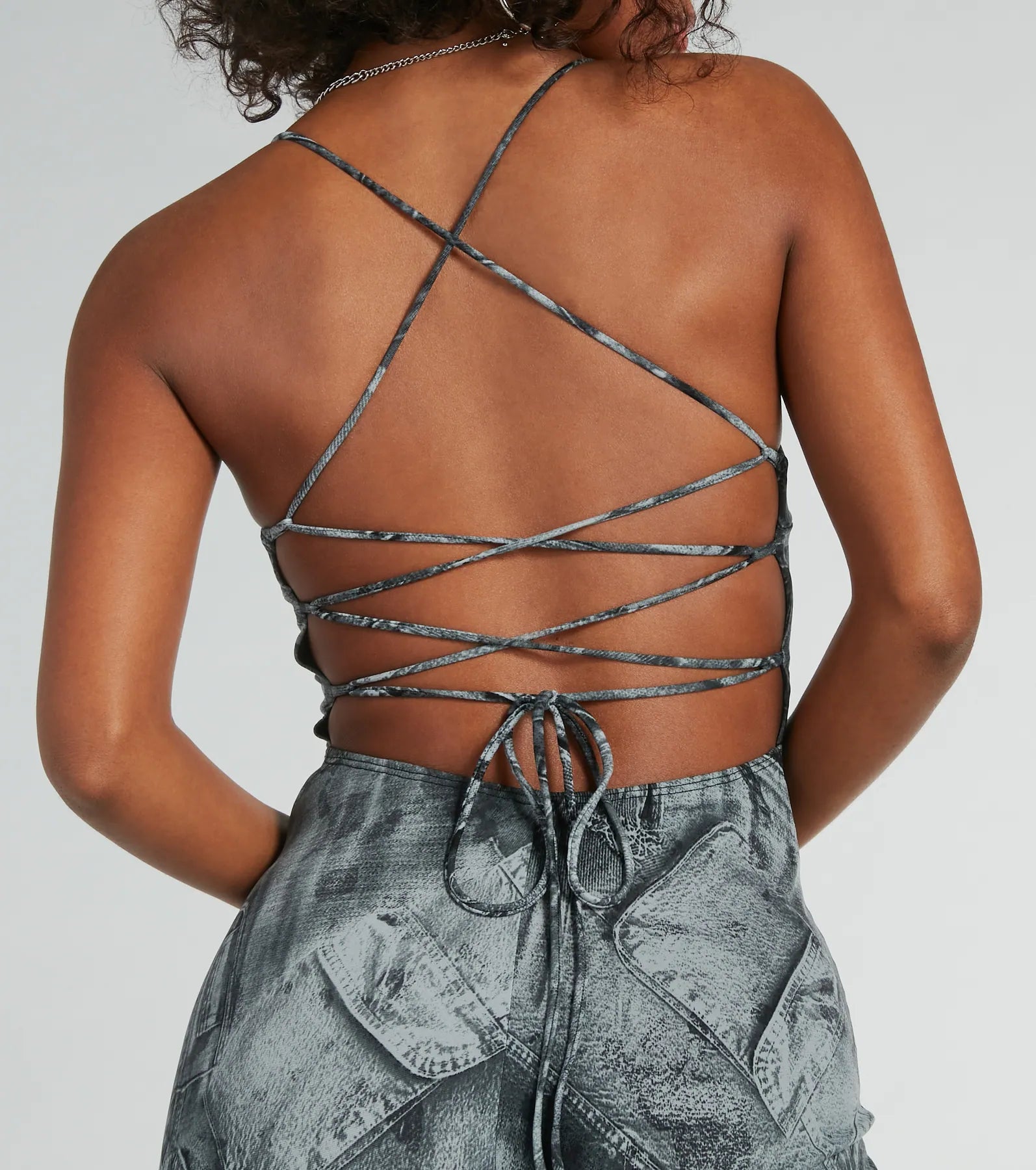 Got Em' Tripping Lace-Up Denim Print Jumpsuit - Image 4