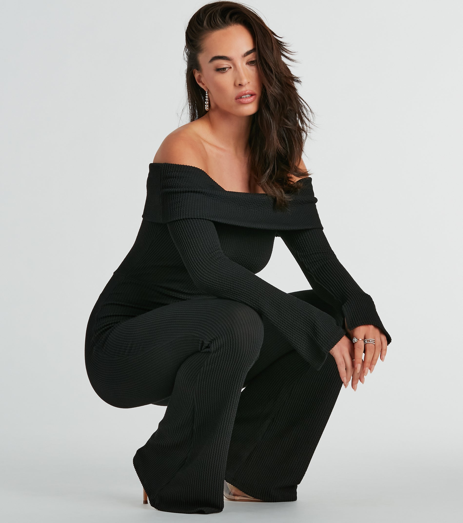 So Chic Off-The-Shoulder Long Sleeve Knit Jumpsuit - Image 2