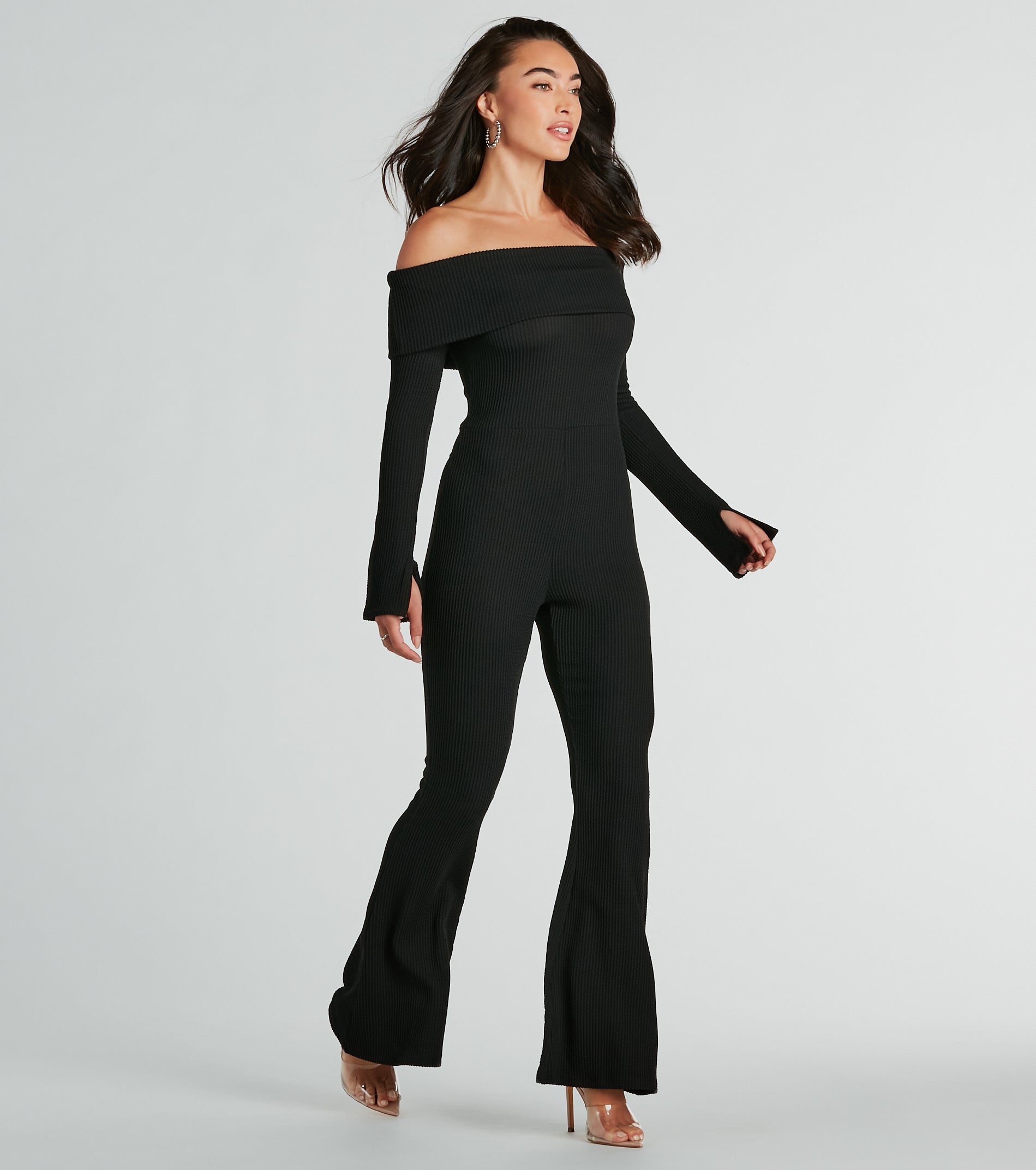 So Chic Off-The-Shoulder Long Sleeve Knit Jumpsuit - Image 4
