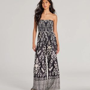 Trendy Ease Strapless Boho Print Wide-Leg Jumpsuit