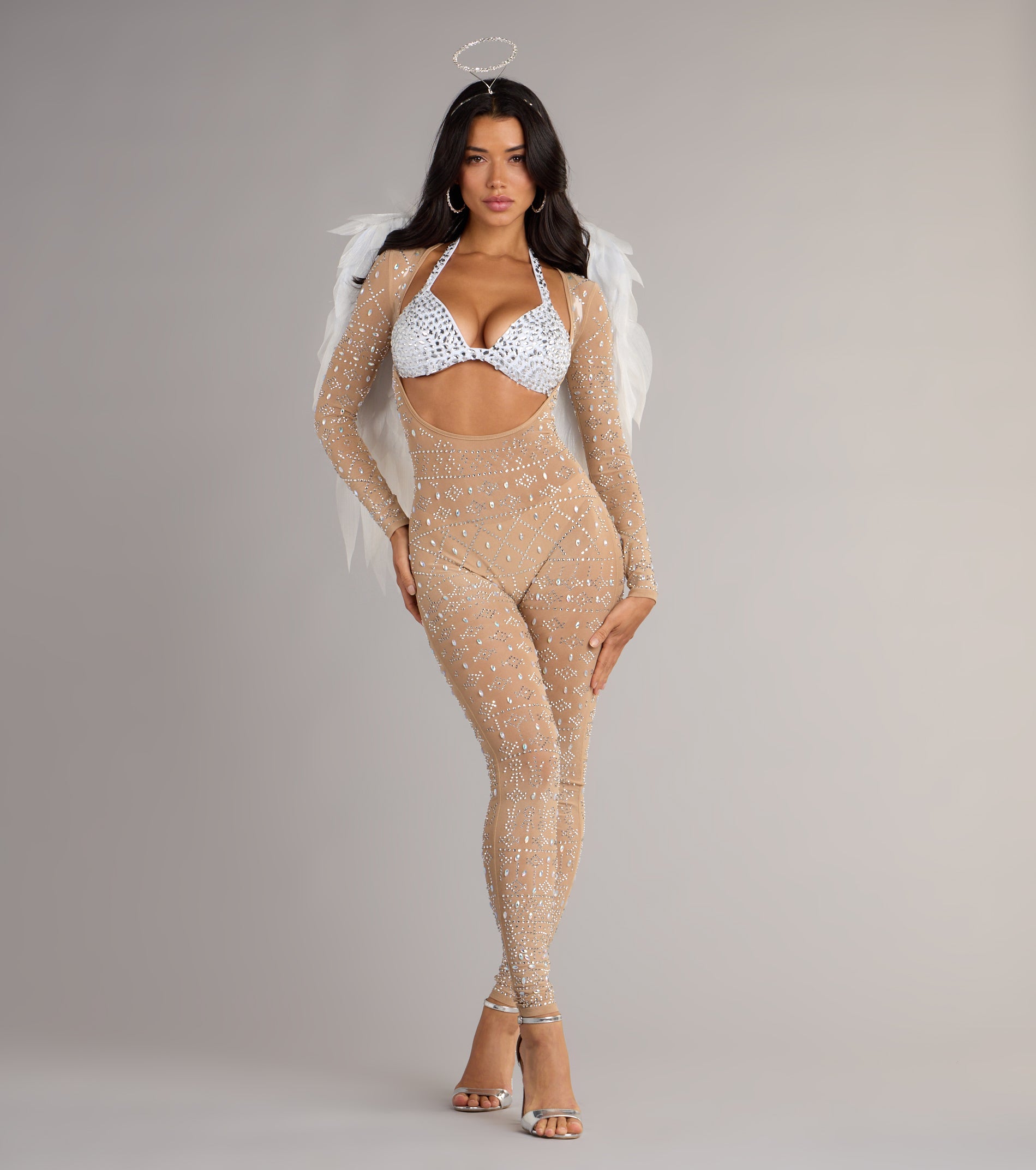 Iridescent Sparkle Rhinestone-Embellished Sheer Catsuit - Image 2
