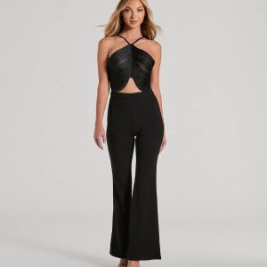 Step Up Draped Fringe Halter Cutout Jumpsuit