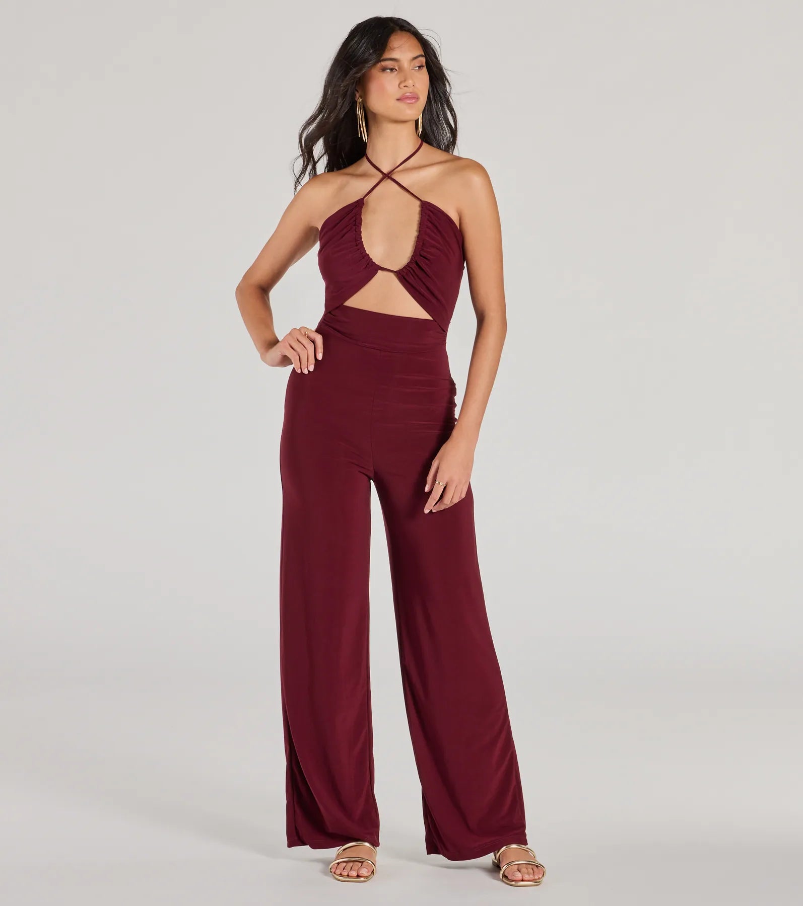 Enticing Sass Halter Cutout Wide-Leg Jumpsuit - Image 9