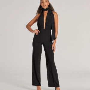 Chic Position Plunge Scarf Straight-Leg Jumpsuit