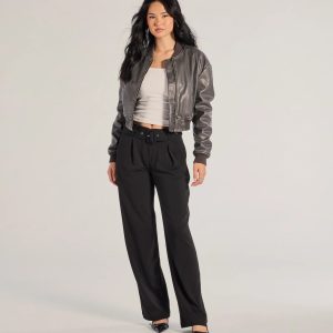 Sleek Impression Belted Straight-Leg Trouser Pants