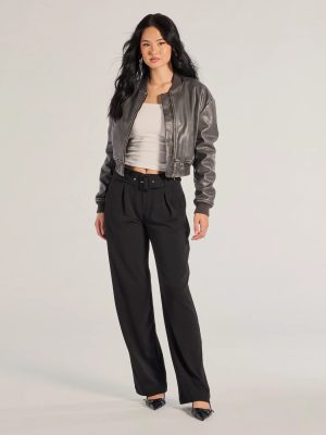 Sleek Impression Belted Straight-Leg Trouser Pants