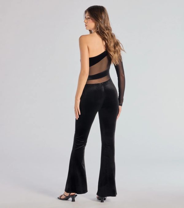 Boldly Chic One-Shoulder Sheer Illusion Velvet Jumpsuit - Image 2