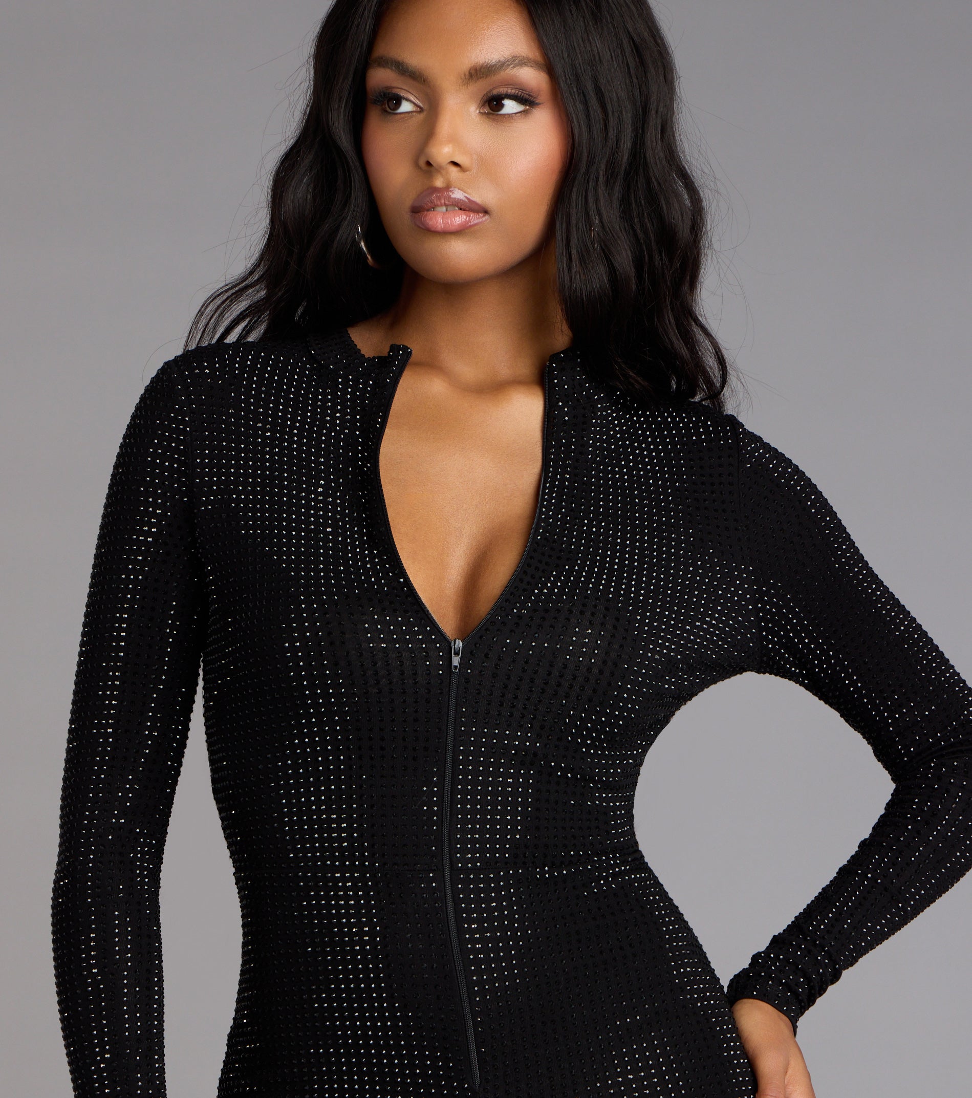 Sultry Sparkle Rhinestone Zip-Up Romper - Image 8