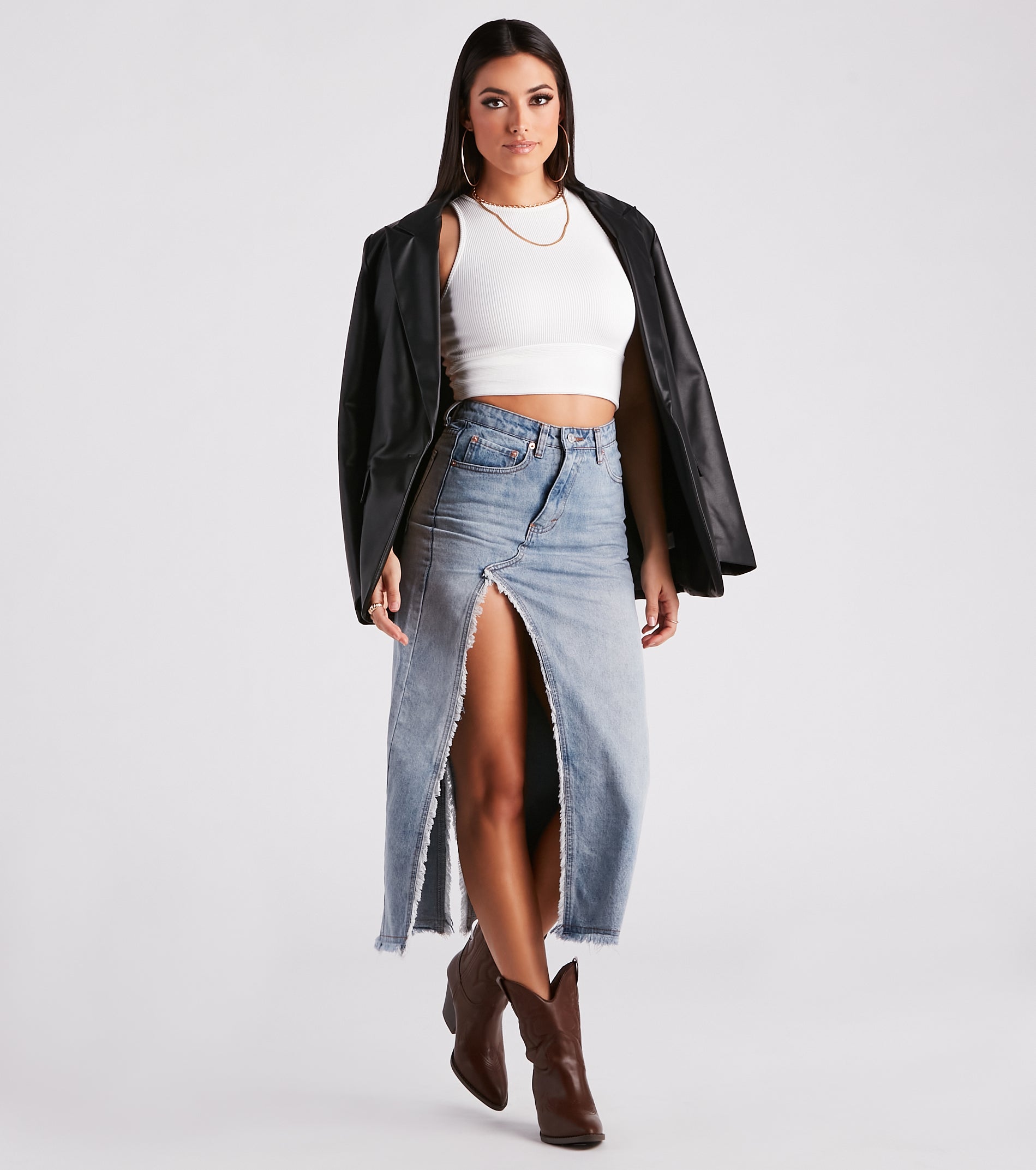 Babe In Denim High Slit Midi Skirt - Image 2