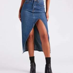 Elevate the Game Denim Slit Midi Skirt