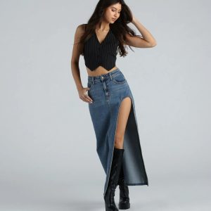Sound The Alarm High Slit Denim Maxi Skirt