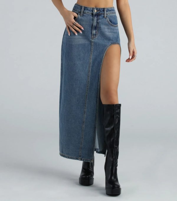 Sound The Alarm High Slit Denim Maxi Skirt - Image 2