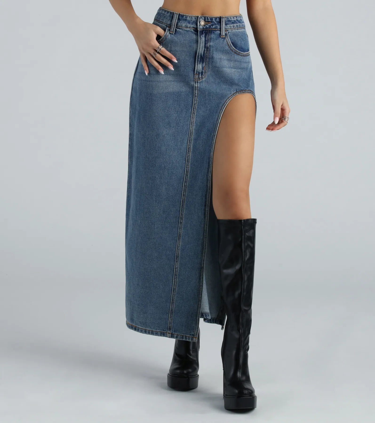 Sound The Alarm High Slit Denim Maxi Skirt - Image 2