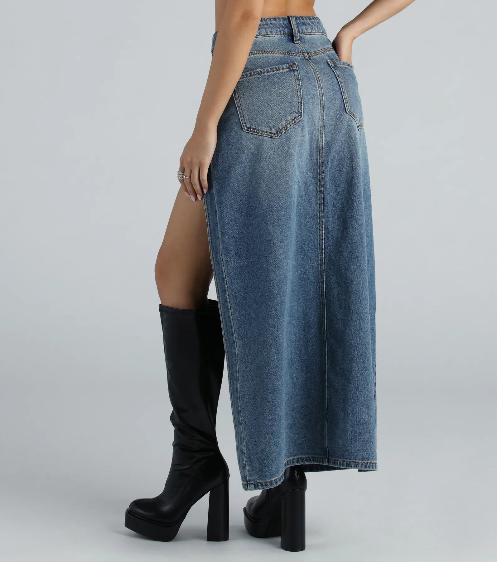 Sound The Alarm High Slit Denim Maxi Skirt - Image 3