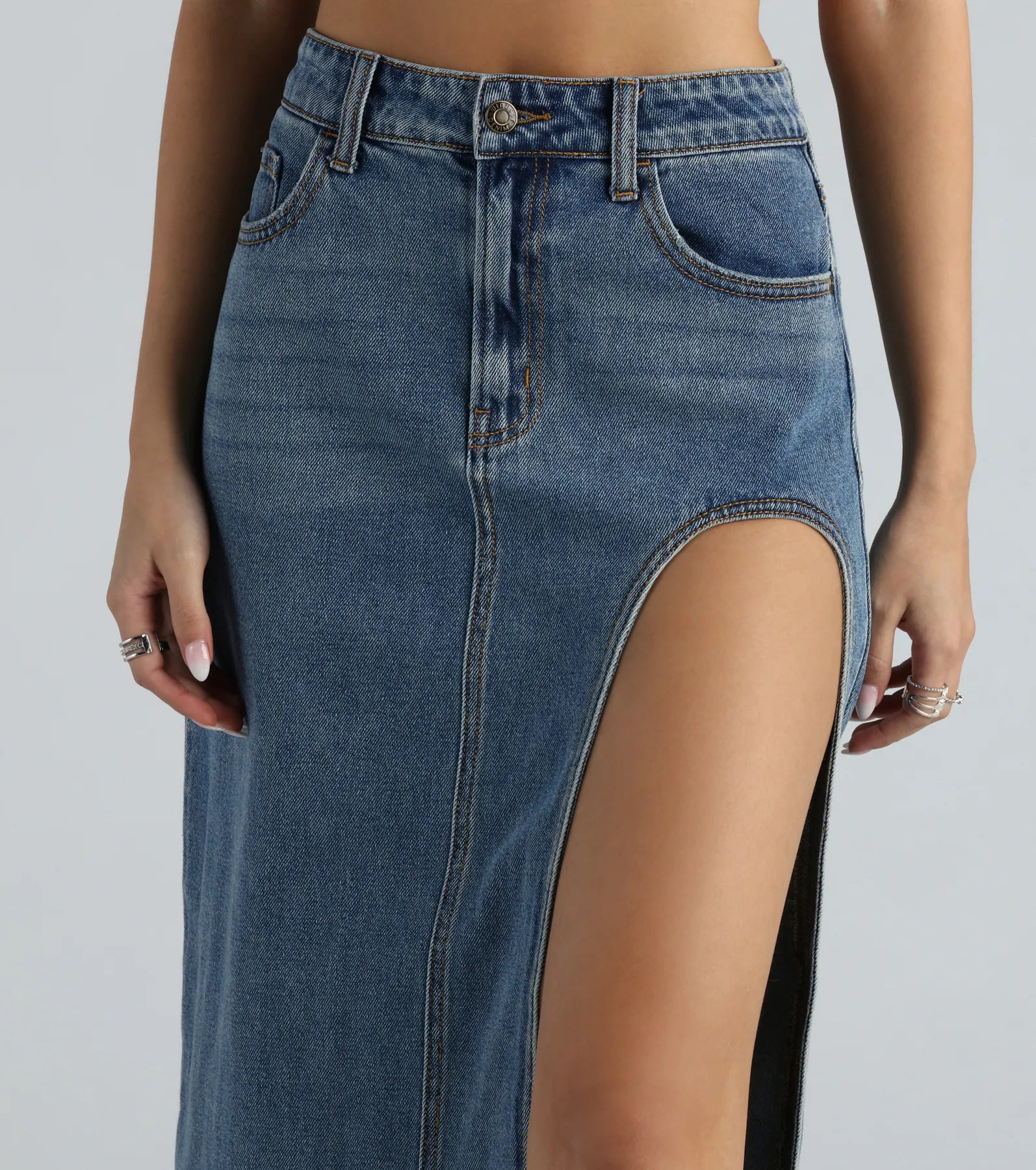 Sound The Alarm High Slit Denim Maxi Skirt - Image 4
