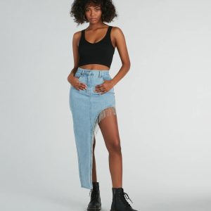 Glitzy Rhinestone Fringe High Slit Denim Maxi Skirt