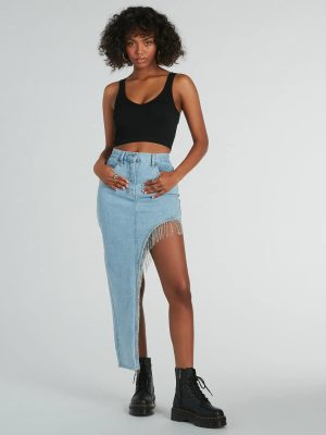 Glitzy Rhinestone Fringe High Slit Denim Maxi Skirt