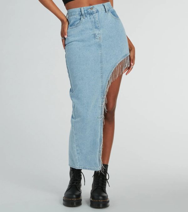 Glitzy Rhinestone Fringe High Slit Denim Maxi Skirt - Image 2