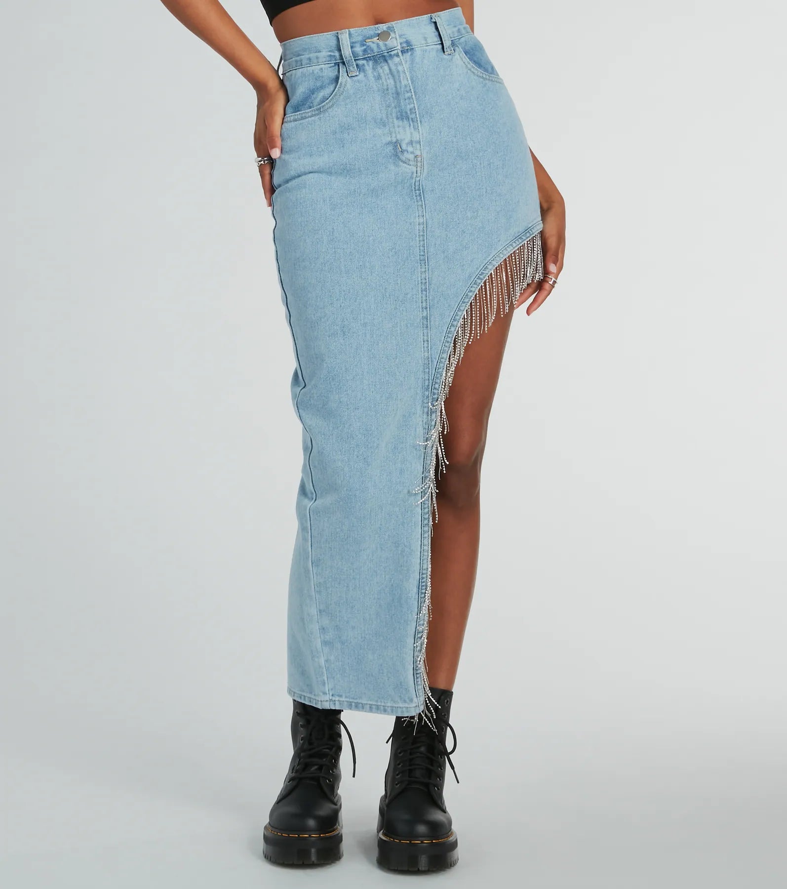 Glitzy Rhinestone Fringe High Slit Denim Maxi Skirt - Image 2