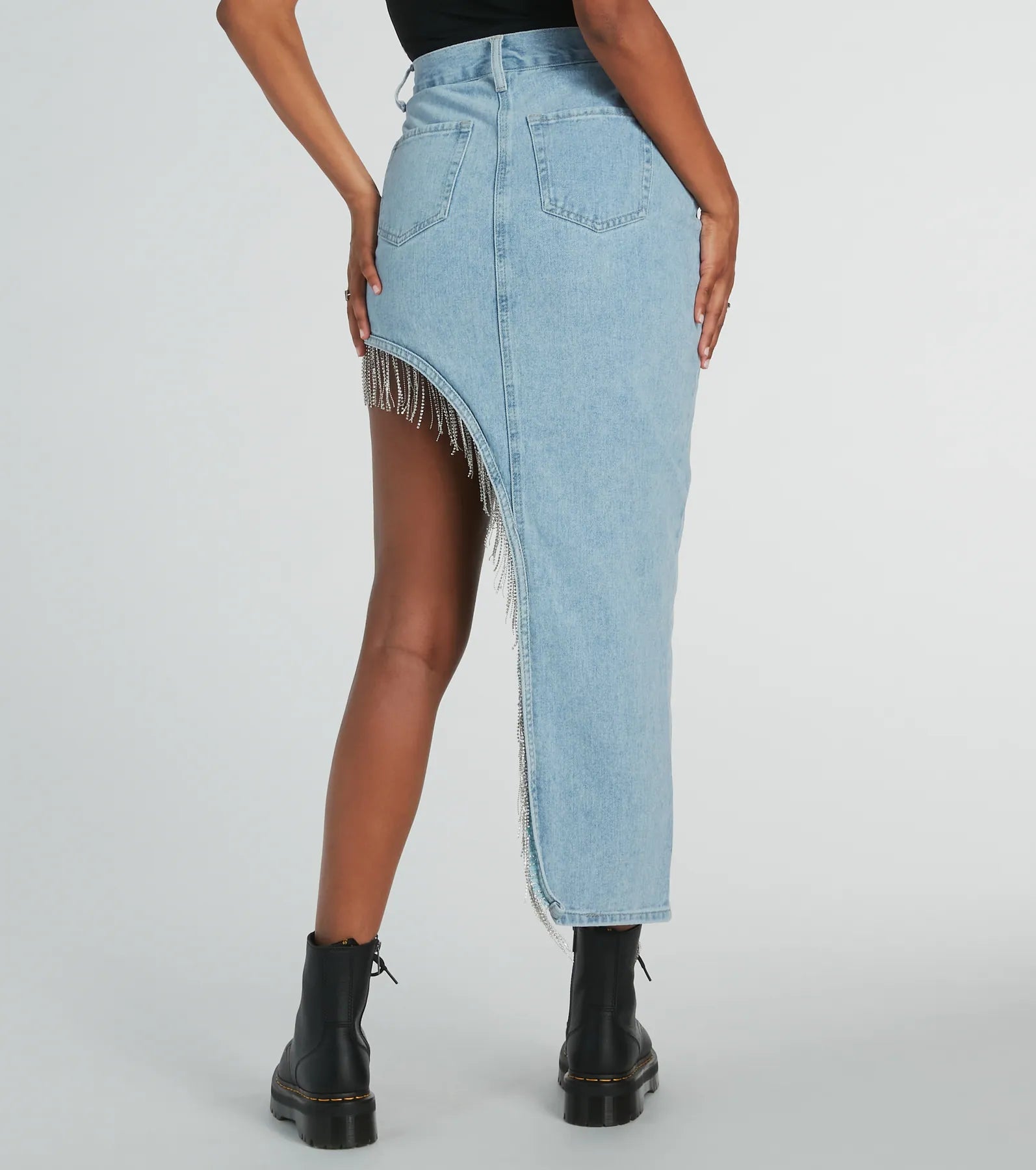 Glitzy Rhinestone Fringe High Slit Denim Maxi Skirt - Image 3