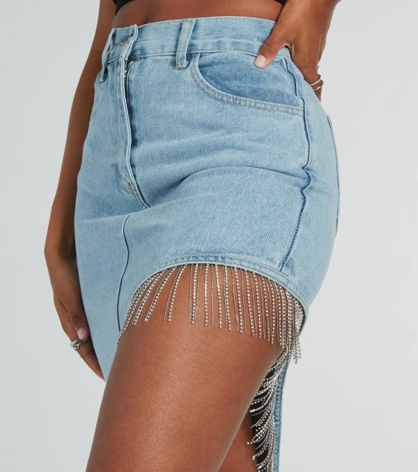 Glitzy Rhinestone Fringe High Slit Denim Maxi Skirt - Image 4