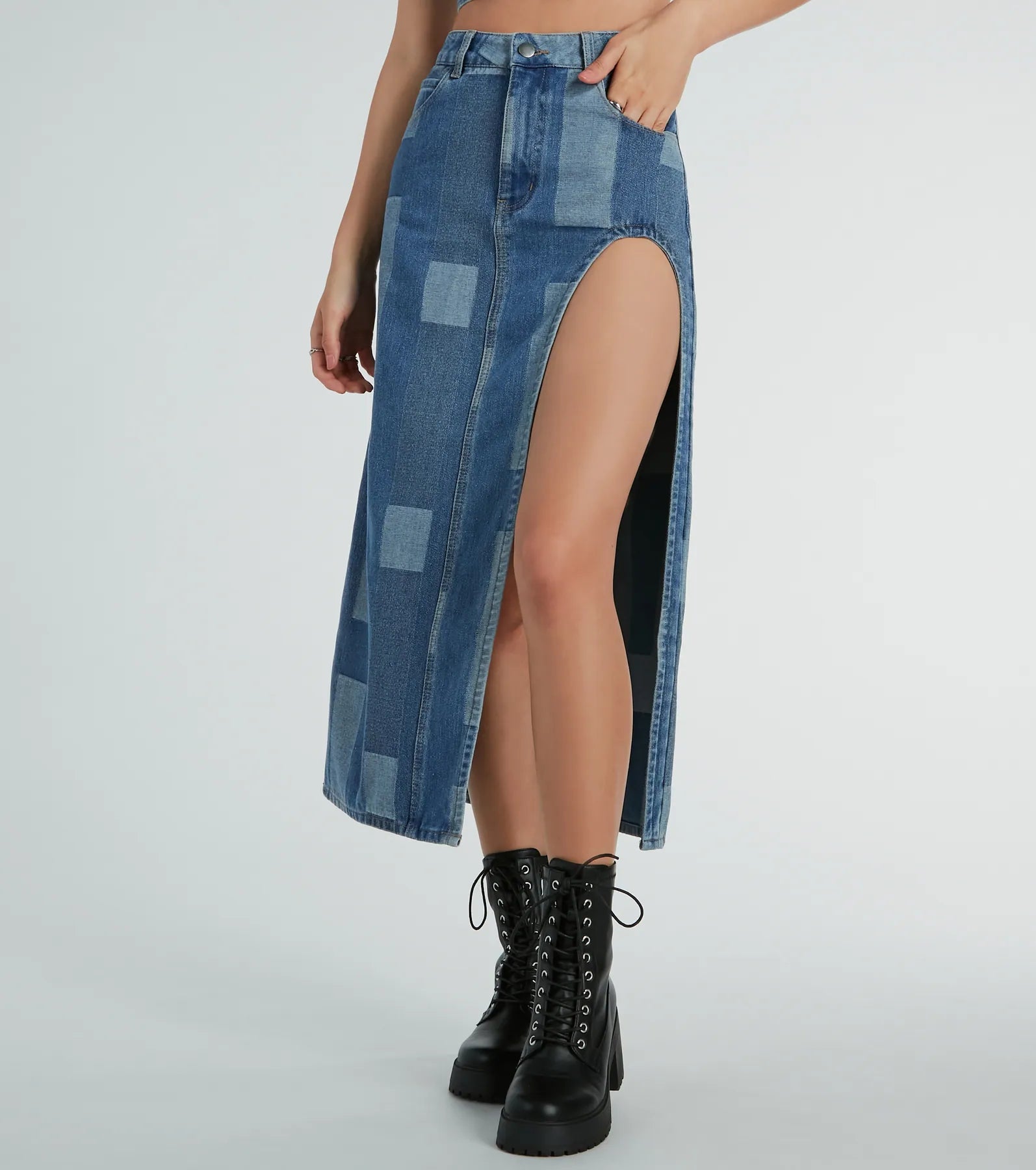 Retro Fab High Slit Patchwork Denim Maxi Skirt - Image 3