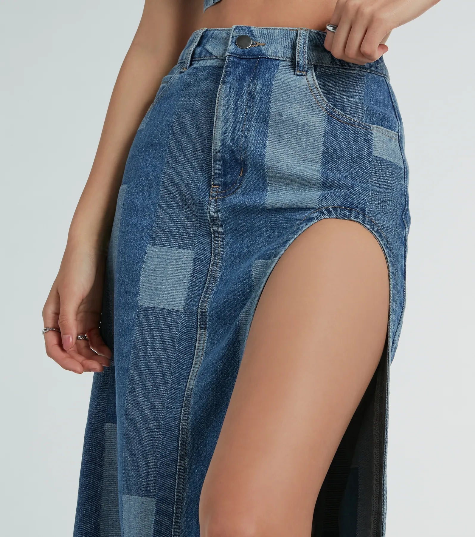 Retro Fab High Slit Patchwork Denim Maxi Skirt - Image 5