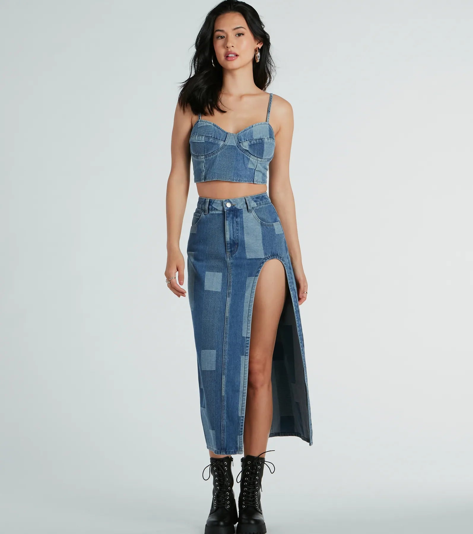 Retro Fab High Slit Patchwork Denim Maxi Skirt - Image 2