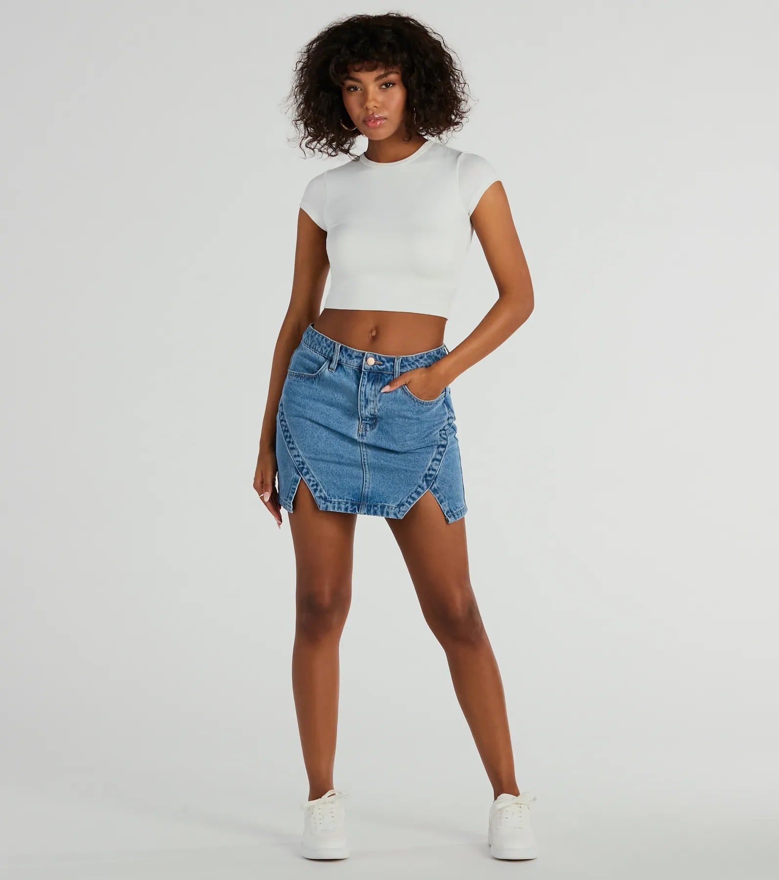 Playfully Perfect High Rise Slit Mini Denim Skirt - Image 4