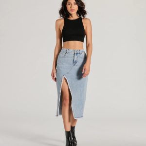 Cool Composure High-Rise Frayed Slit Denim Midi Skirt