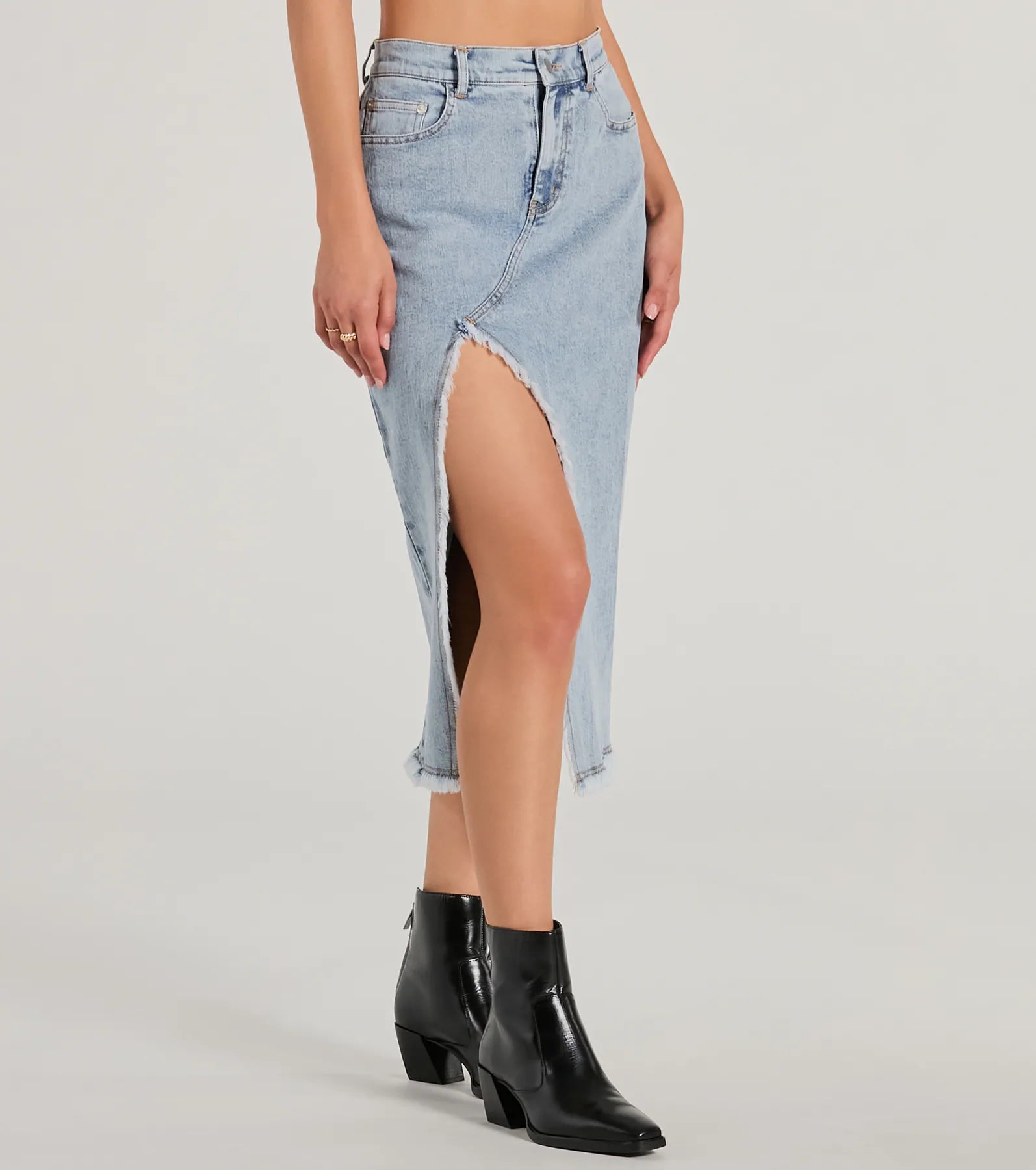 Cool Composure High-Rise Frayed Slit Denim Midi Skirt - Image 4