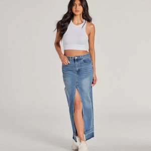 Coolest Vibe High Slit Denim Maxi Skirt