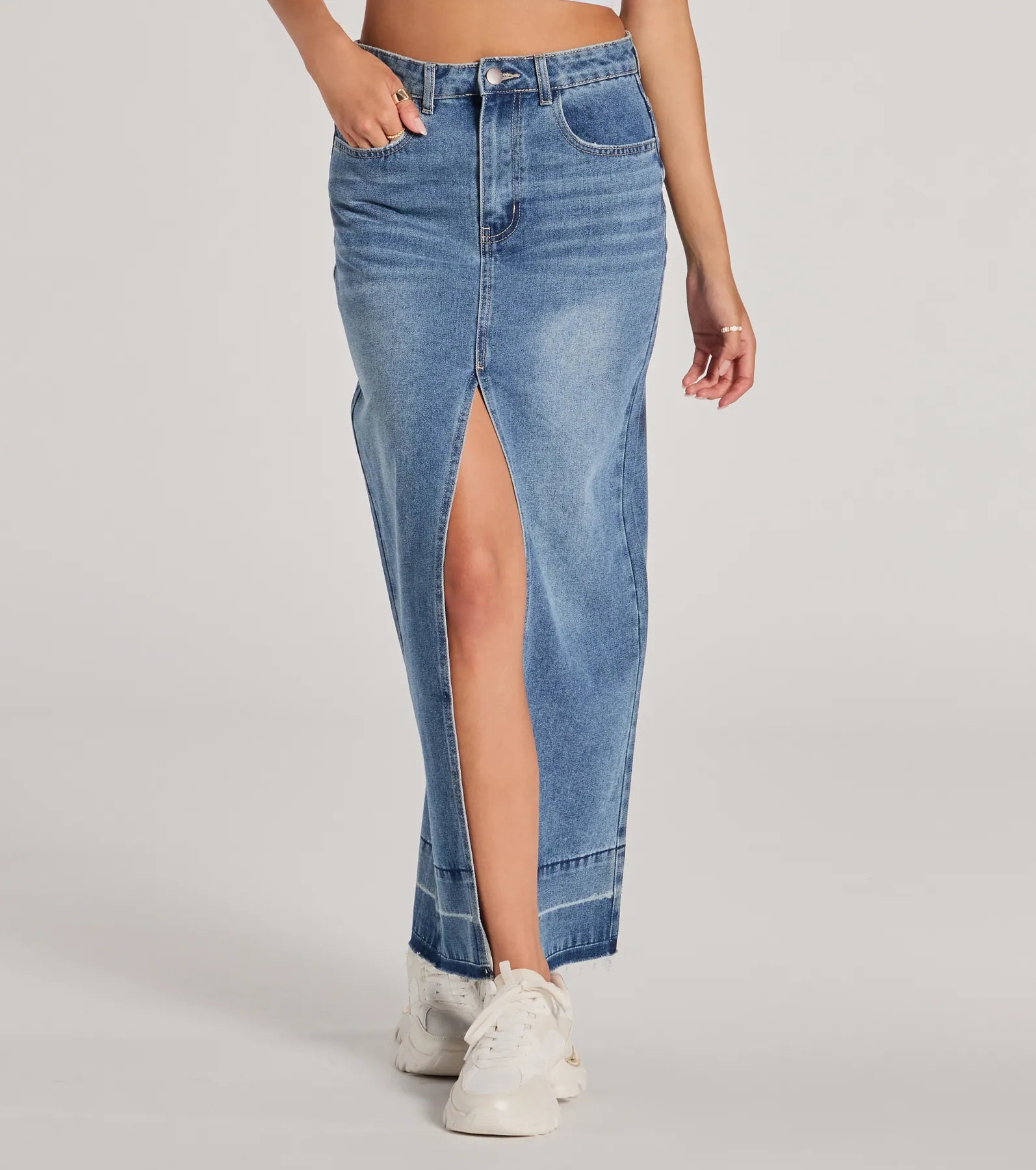 Coolest Vibe High Slit Denim Maxi Skirt - Image 4