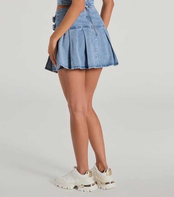 Flirty Duo High-Rise Buckle Pleated Denim Mini Skirt - Image 2