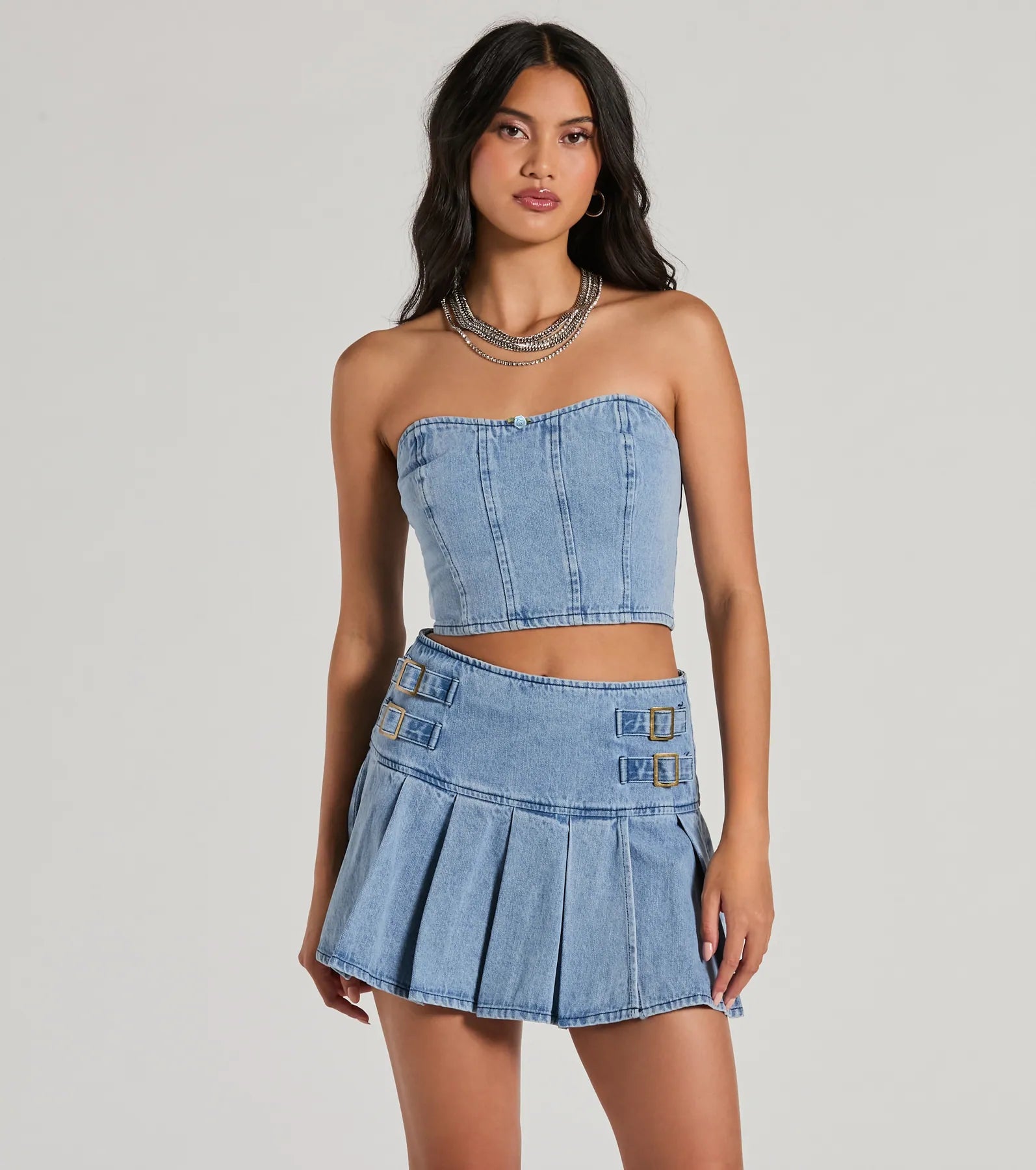 Flirty Duo High-Rise Buckle Pleated Denim Mini Skirt - Image 4