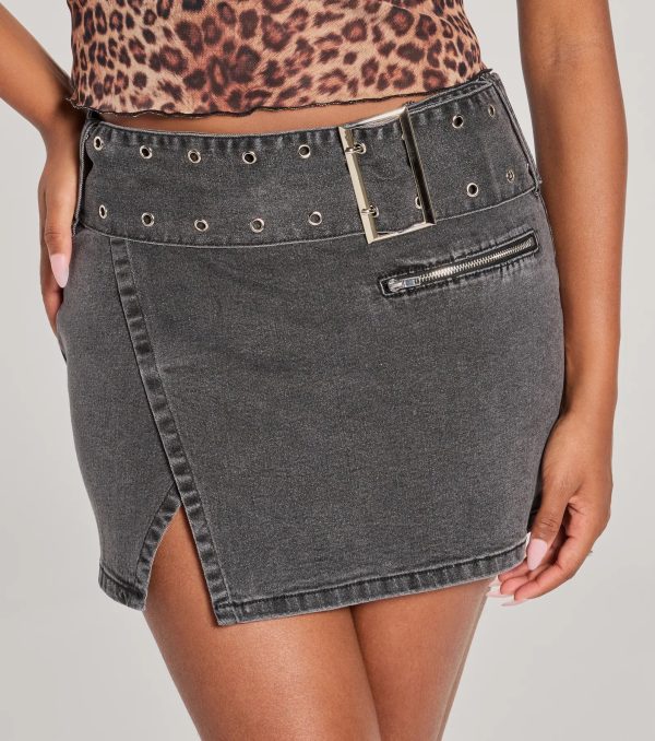 Edgy Belted Denim Wrap Mini Skirt - Image 3