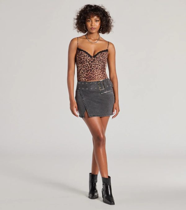 Edgy Belted Denim Wrap Mini Skirt - Image 4