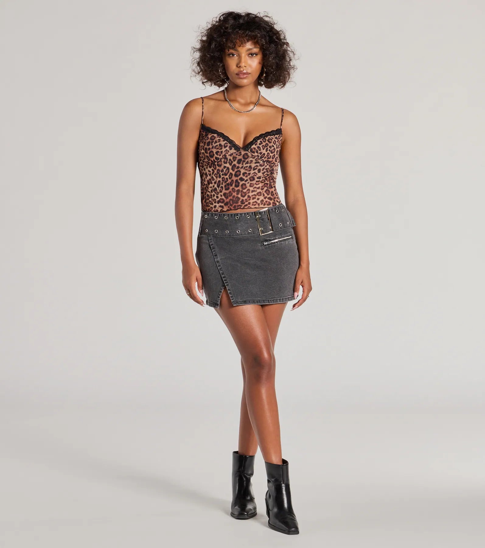 Edgy Belted Denim Wrap Mini Skirt - Image 4