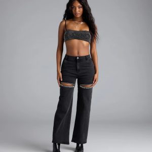 So Obsessed Rhinestone Cutout Straight Leg Denim Jeans