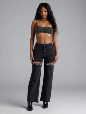 So Obsessed Rhinestone Cutout Straight Leg Denim Jeans