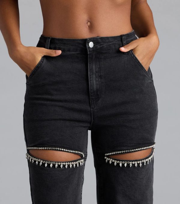 So Obsessed Rhinestone Cutout Straight Leg Denim Jeans - Image 3