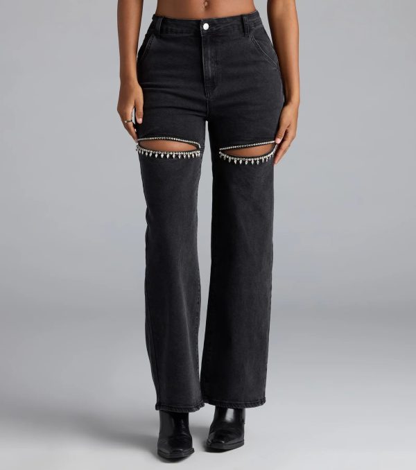 So Obsessed Rhinestone Cutout Straight Leg Denim Jeans - Image 4