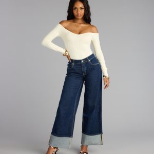 High Roll Mid-Rise Straight Leg Denim Jeans