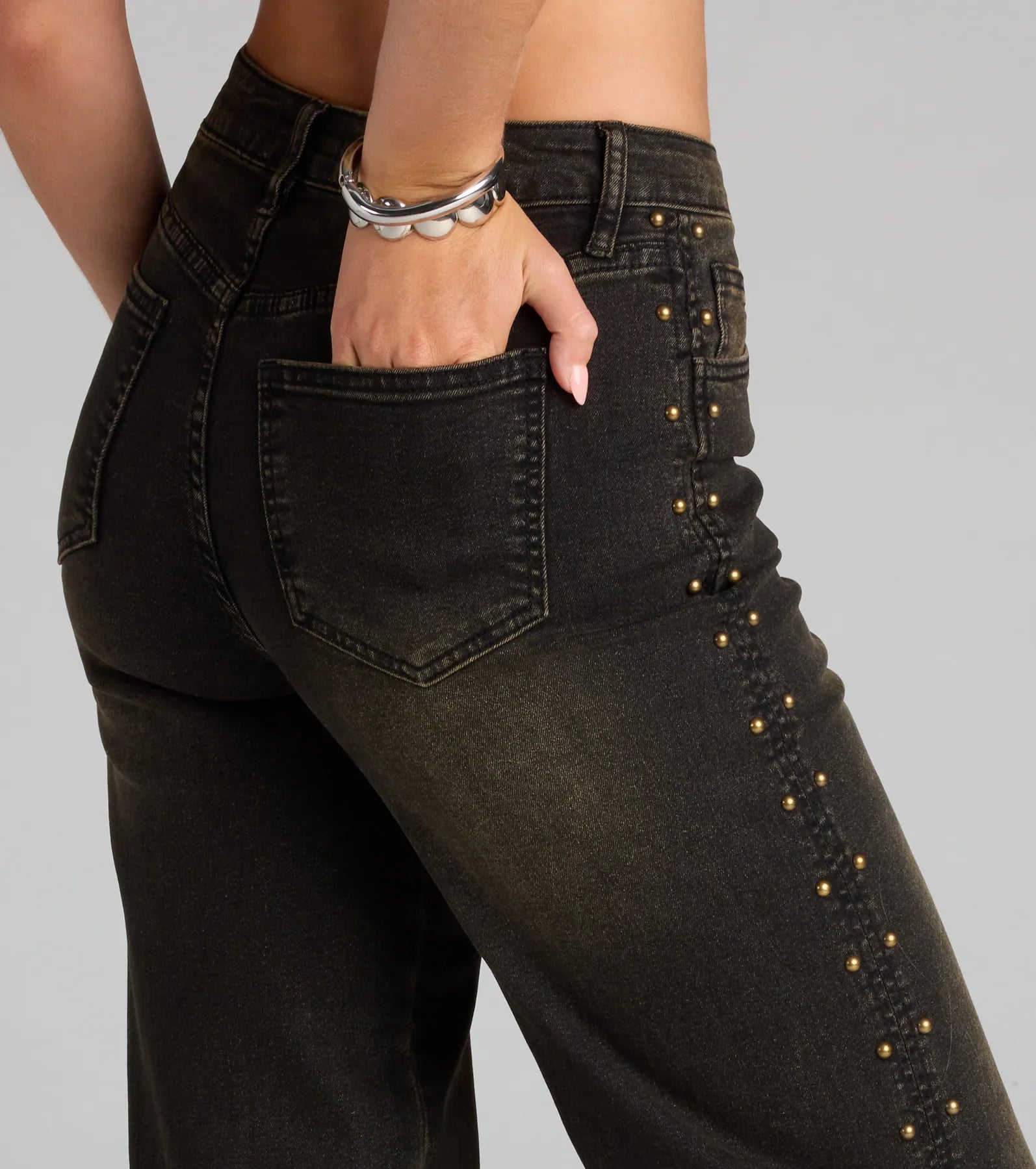 Studded and Snatched Straight Leg Denim Jeans - Image 3